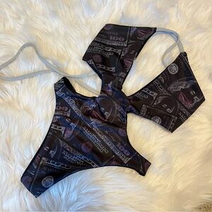 Black Purple Dollar Bill Graphic One Piece Thong Demon Bikini Handmade Small